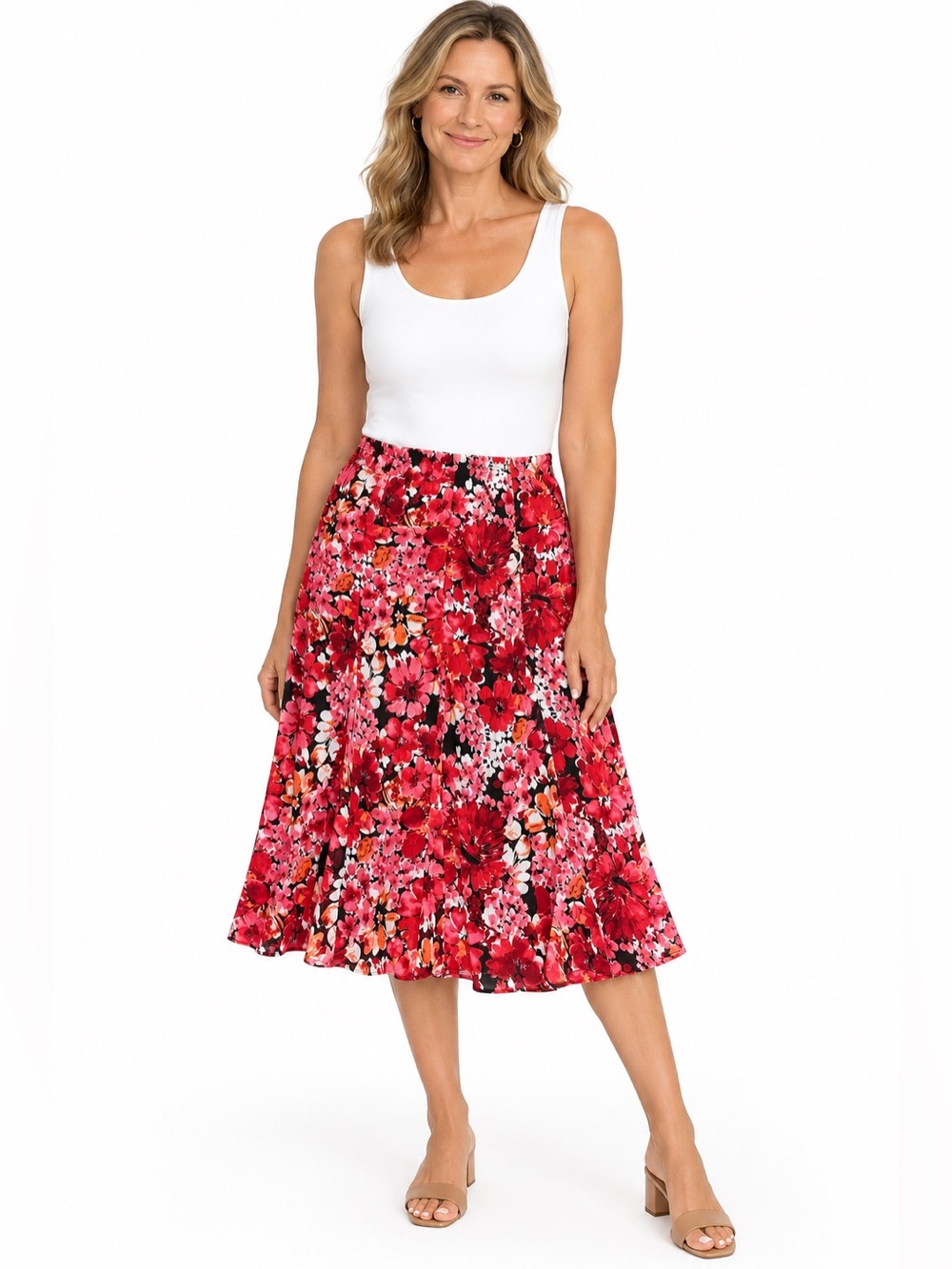 Laura Scott Floral Midi Skirt - Red Multi Size Medium